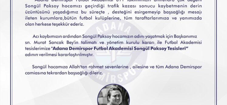 Songül Paksoy'un ismi, Adana Demirspor'un futbol akademisi tesislerine verildi