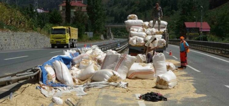 Trabzon'da devrilen saman yüklü kamyonun sürücüsü yaralandı