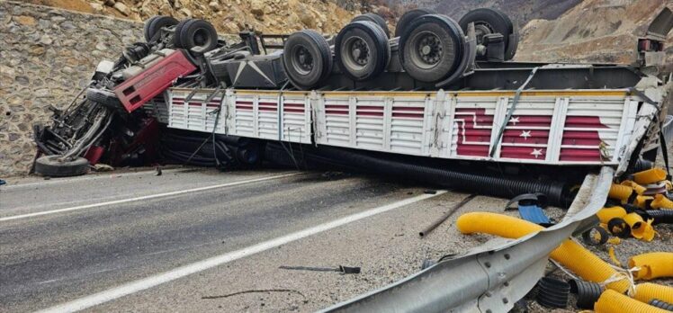 Gümüşhane'de istinat duvarına çarpan tırın sürücüsü yaralandı