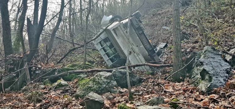 Karabük'te şarampole devrilen kamyonetin çaya düşmesini ağaçlar engelledi